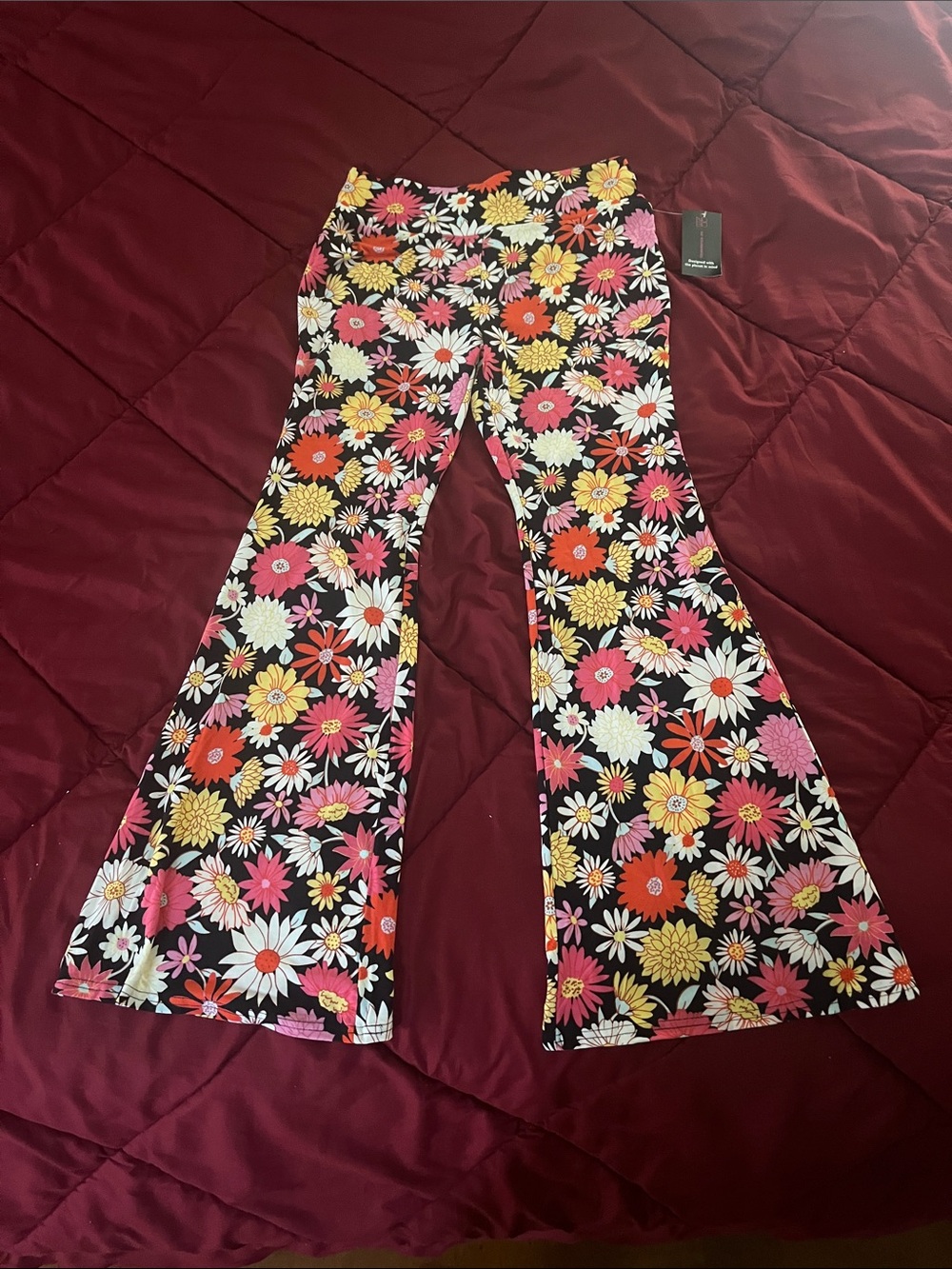 Retro Vintage Floral Bell Bottoms — Pink, Yellow & White Flowers NWT